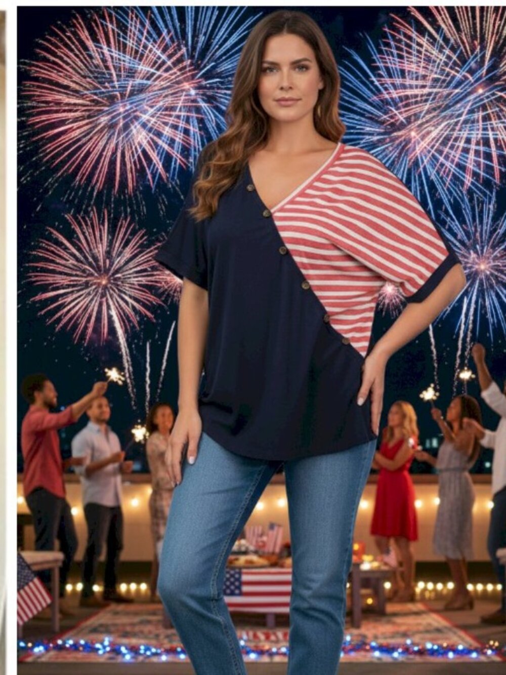 Flag Striped Red White Blue Short Dolman Sleeve Flag Day T-Shirt Size 14-16 NWT